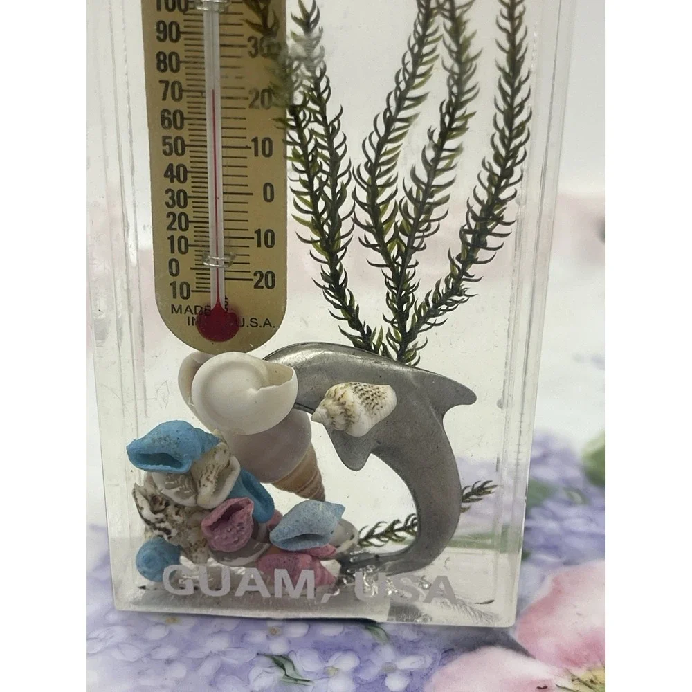 Vintage Souvenir Thermometer Guam Fish Shells Acrylic Paperweight